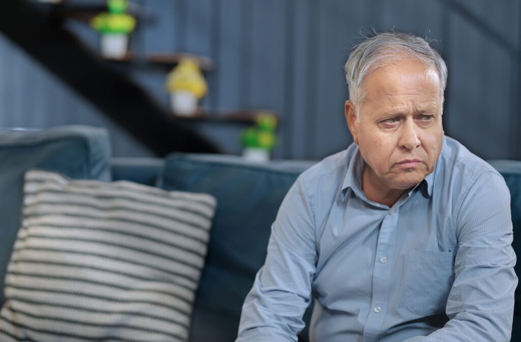 An older adult newly diagnosed with dementia stares sadly off into the distance, worrying about their future