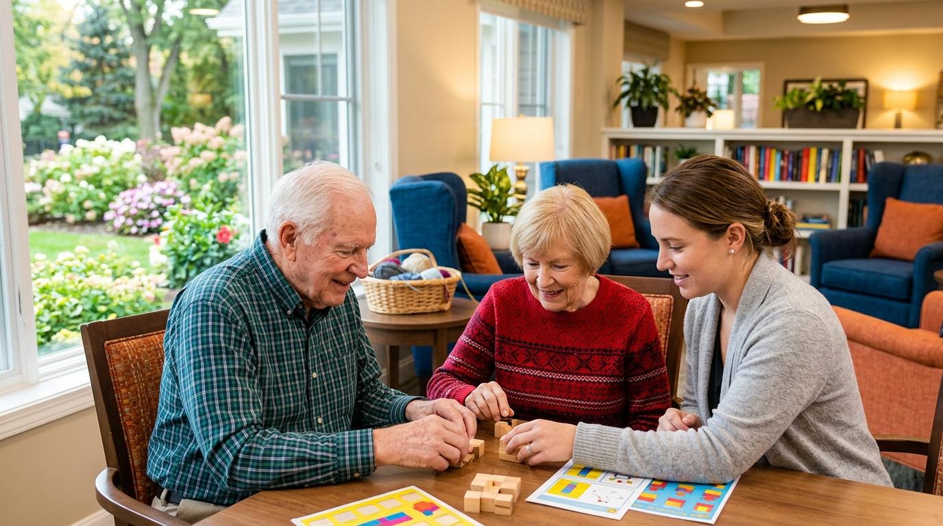 A caring staff member engages warmly with senior residents as they complete a puzzle in a memory care setting.