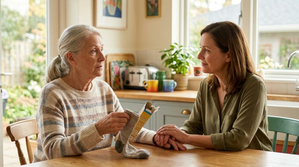 An adult and an older person sit together warmly, showing family support while recognizing signs that memory care may be needed.
