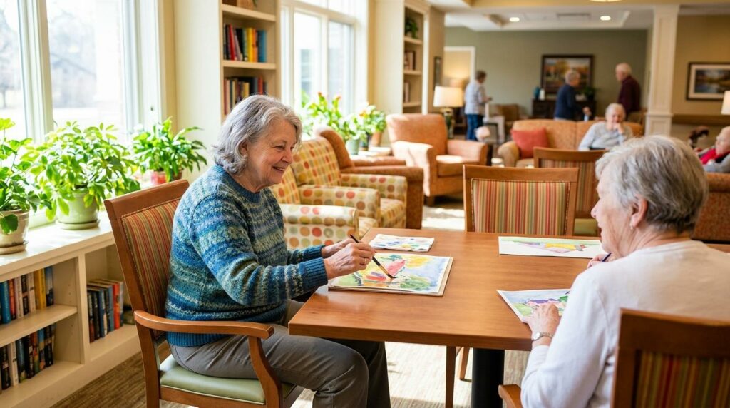 Two seniors smile and paint together in a well-lit memory care community room.