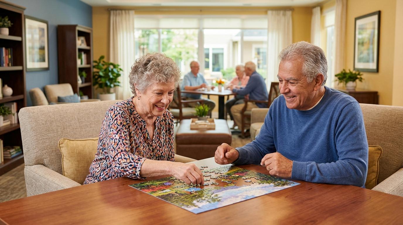 Two seniors smile as they complete a puzzle together in a memory care setting.