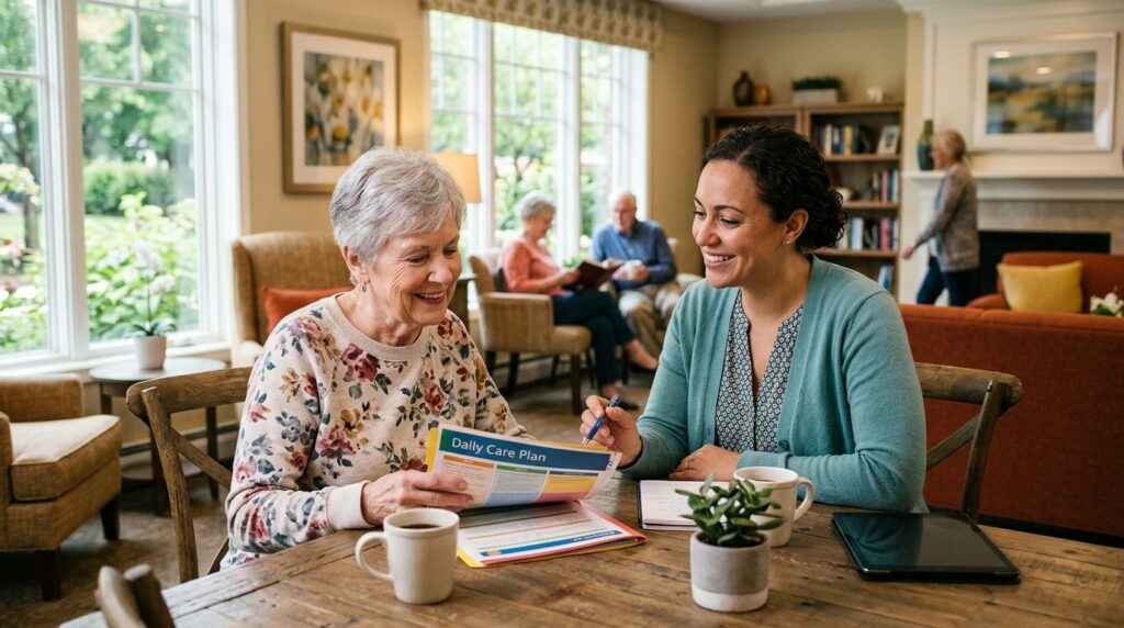 Senior living caregiver reviewing a personalized daily care plan with a smiling resident at Yorkshire of Edina.