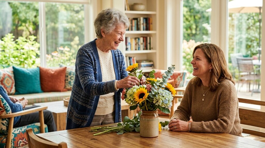 A senior and their loved one share a moment of flower arranging, enjoying the peace of mind that comes with a secure memory care community.