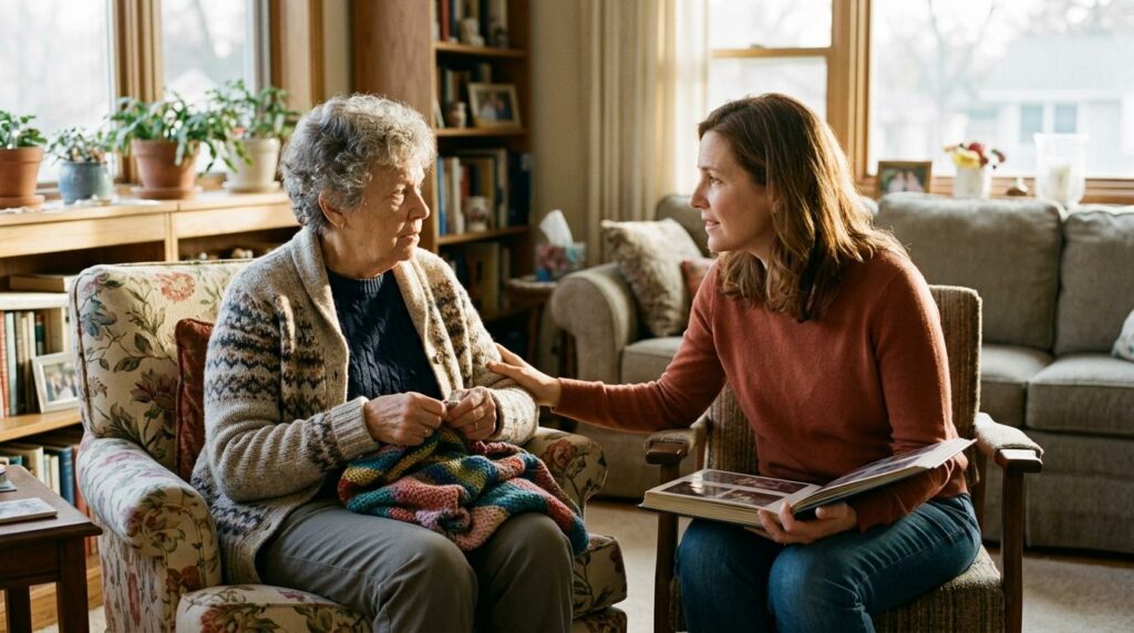 A family caregiver speaks gently with an older adult, supporting memory care conversations with compassion and patience.