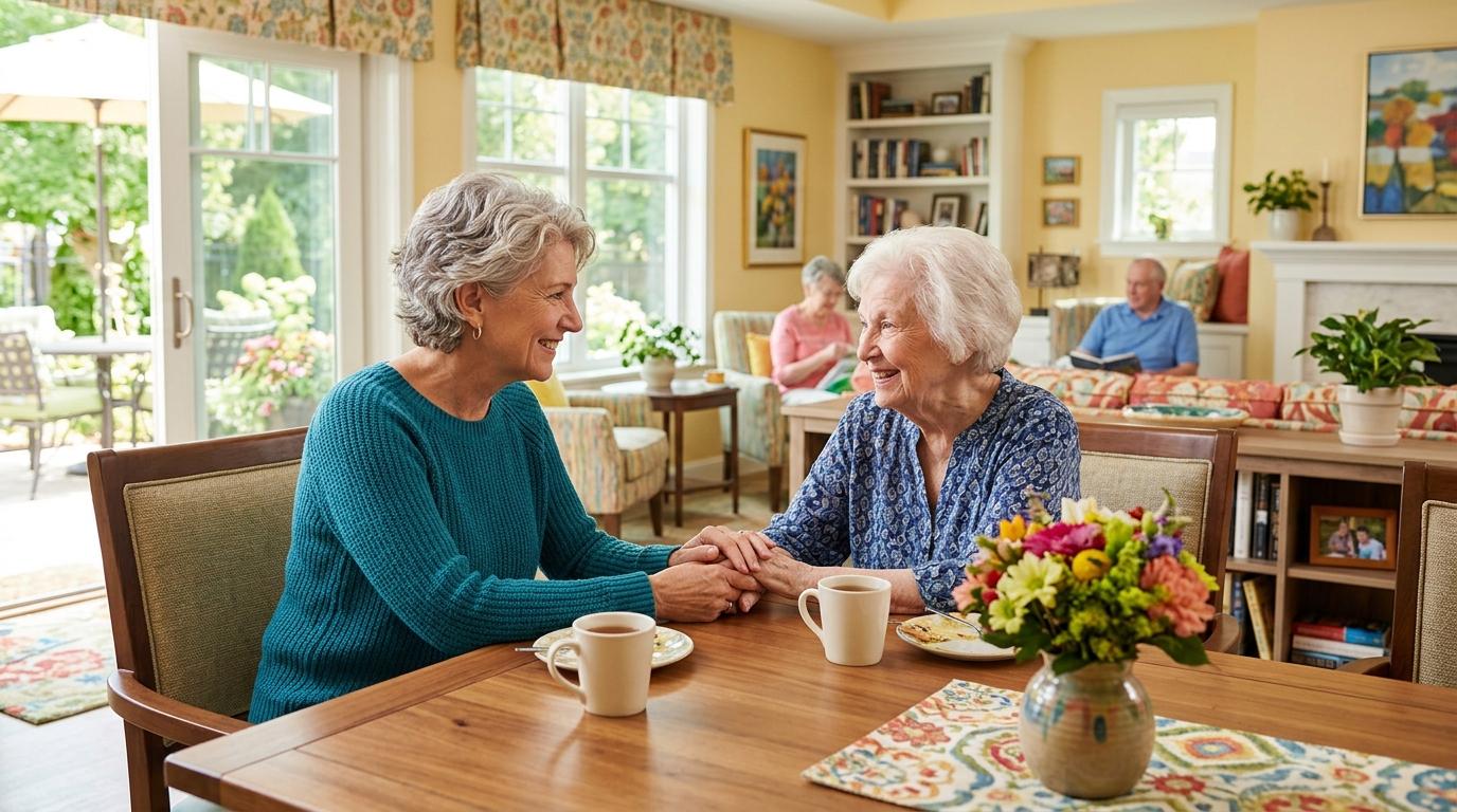  A senior living caregiver smiles warmly while listening to an older adult with patience and compassion.